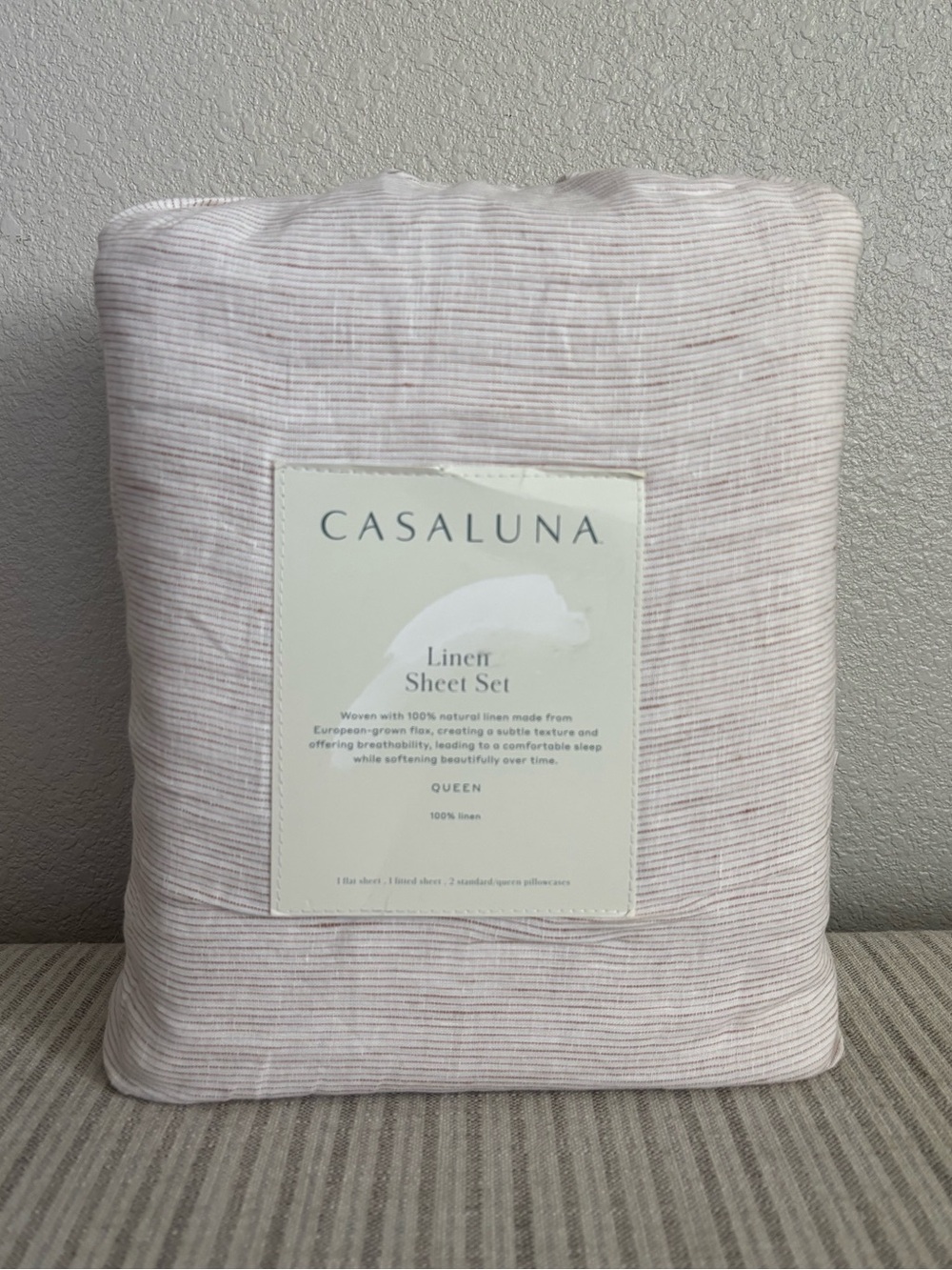 NWT Queen 100% Linen Sheet Set Adobe Clay Micro Stripe - Casaluna